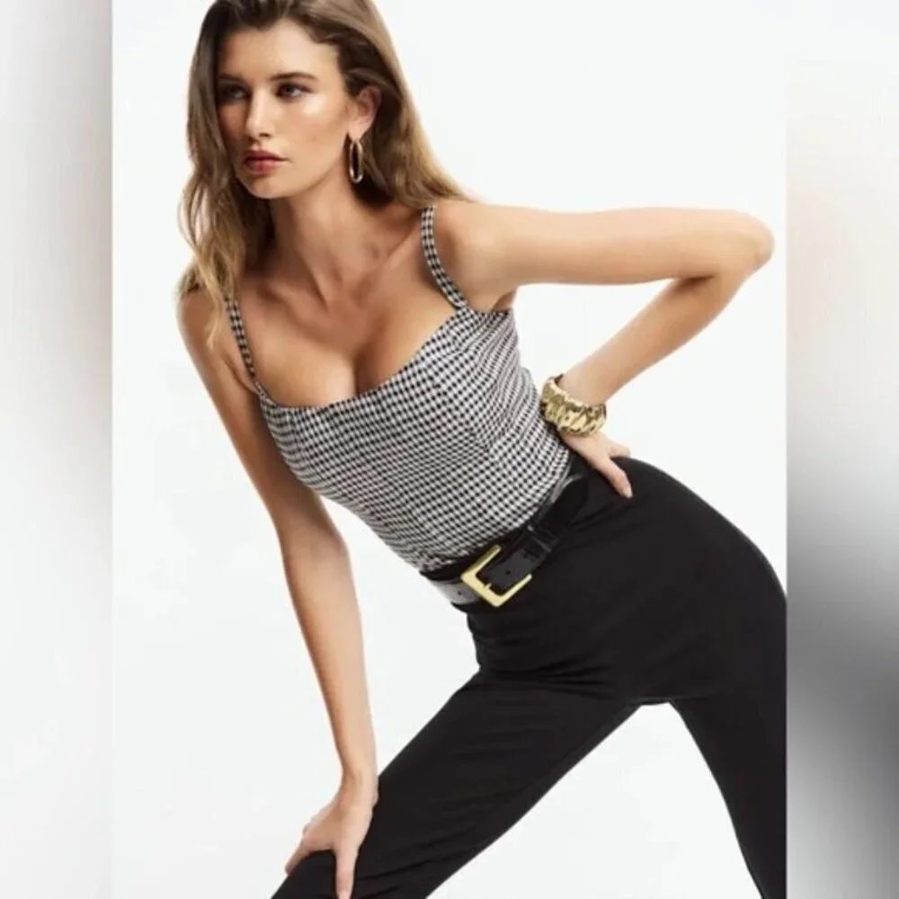 NEW Reformation Hattie Linen Top in Black and White Remy Check | size US 0 - Picture 2 of 13